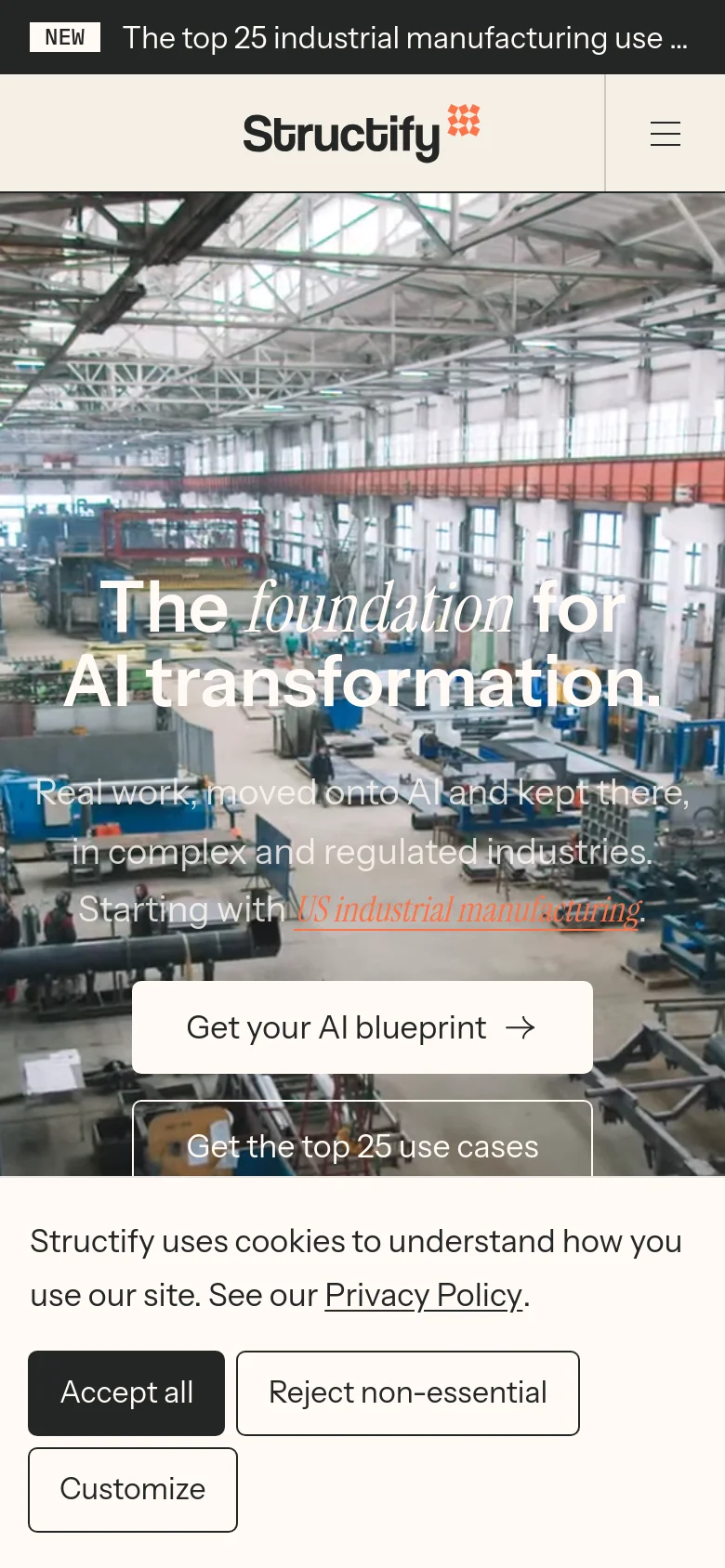 The mobile version presents a vertically stacked layout with the industrial factory hero image filling the background. The headline and subtext are centered, followed by two large, full-width buttons for the AI blueprint and use cases. A hamburger menu icon replaces the desktop navigation bar, and a cookie consent banner appears at the bottom.