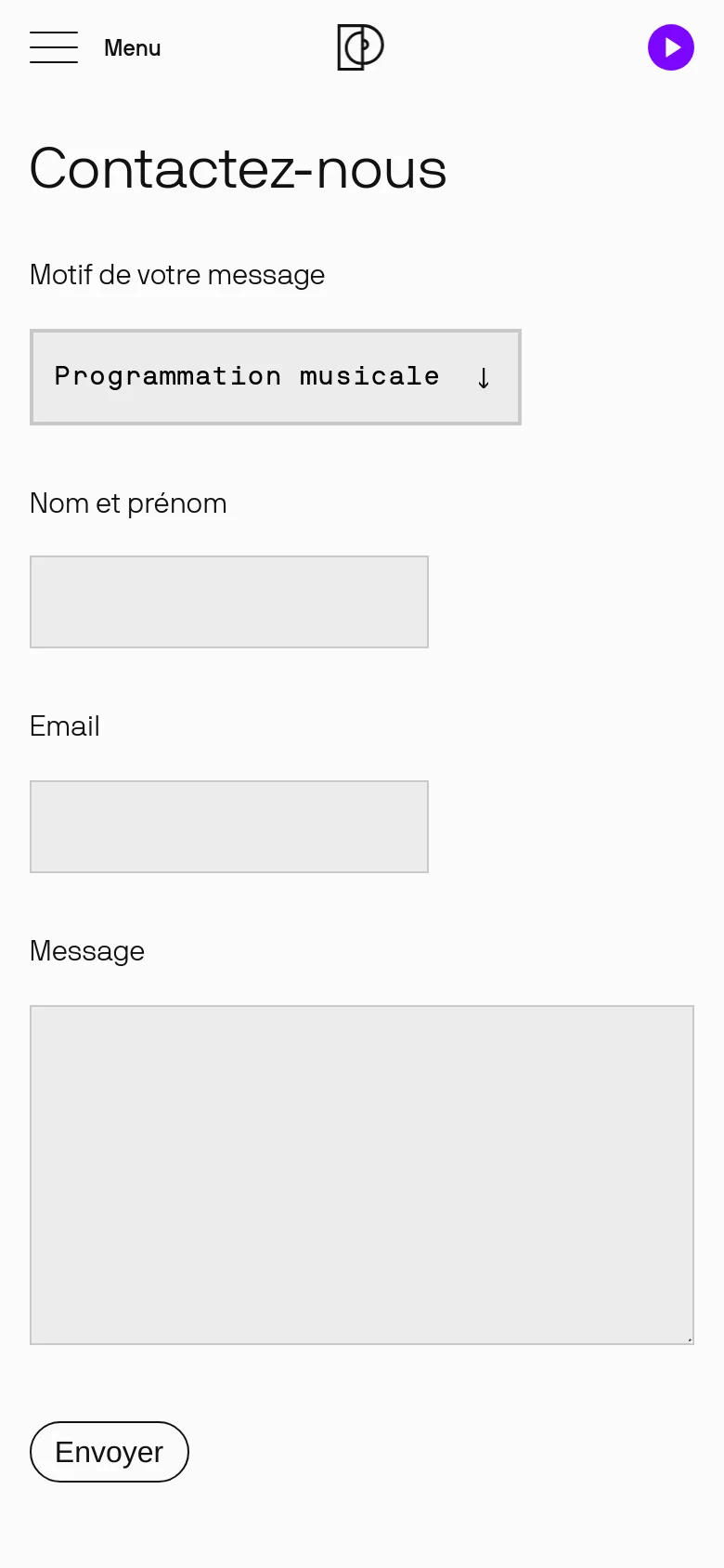 The mobile version maintains the minimalist white and grey aesthetic but uses a stacked vertical layout for the contact form. The header is simplified with a hamburger menu icon, the logo, and the music player, while the form fields and 'Envoyer' button occupy the full width of the screen for easier touch interaction.