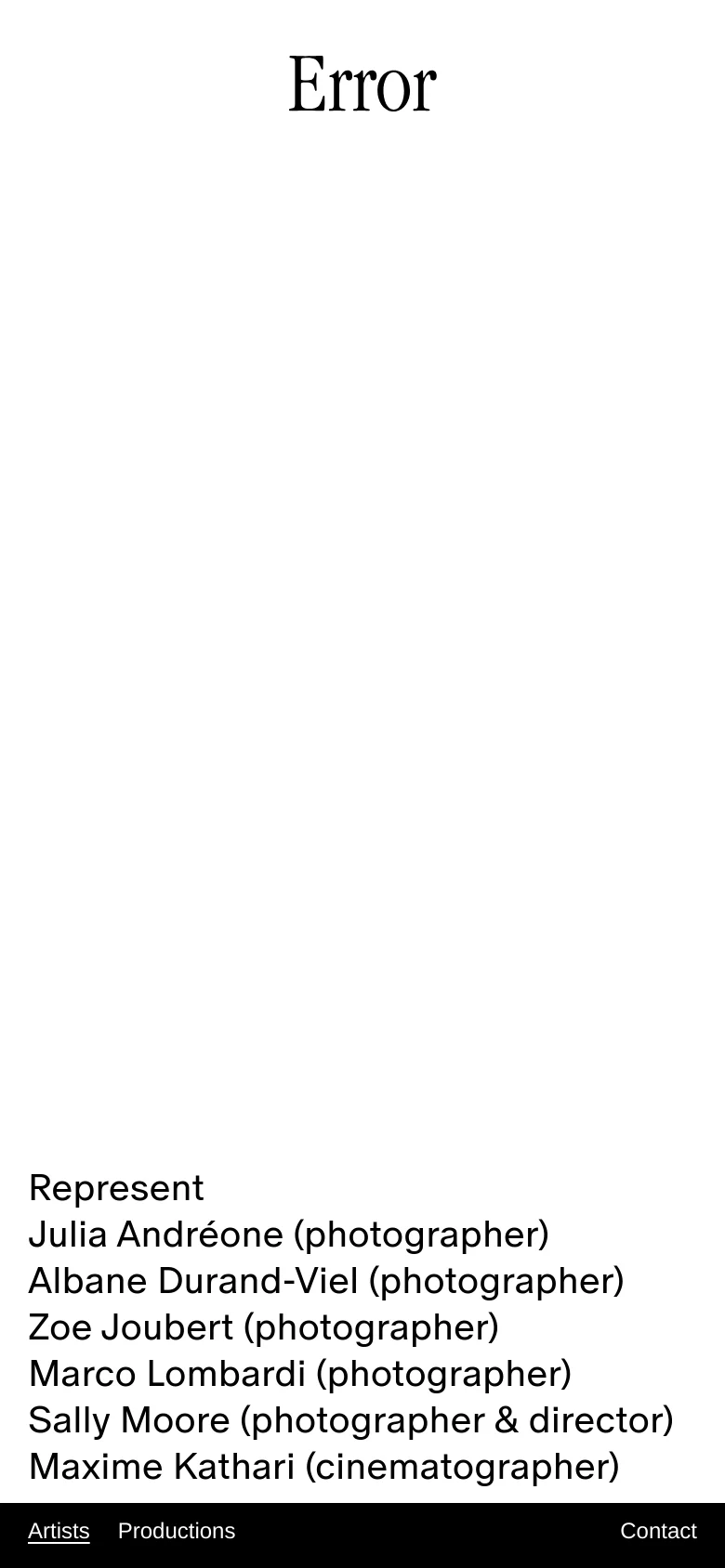 The mobile version maintains the minimalist white and black aesthetic but uses a vertical layout. The 'Error' logo is centered at the top, followed by the list of artists. A black footer at the bottom contains navigation links for 'Artists', 'Productions', and 'Contact'.