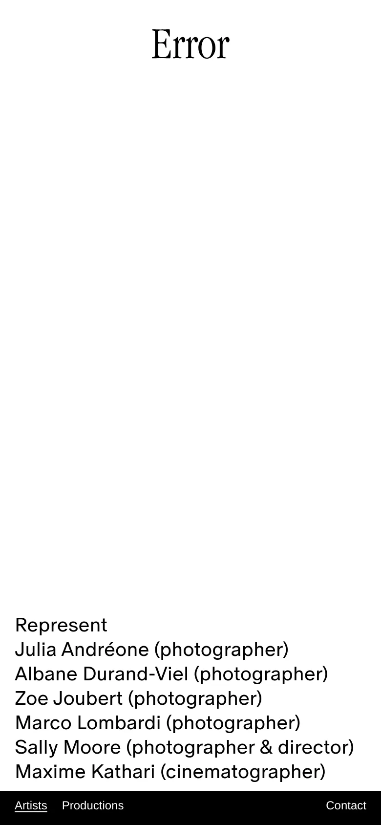 The mobile version maintains the minimalist white and black aesthetic but uses a vertical layout. The 'Error' logo is centered at the top, followed by the list of artists. A black footer at the bottom contains navigation links for 'Artists', 'Productions', and 'Contact'.