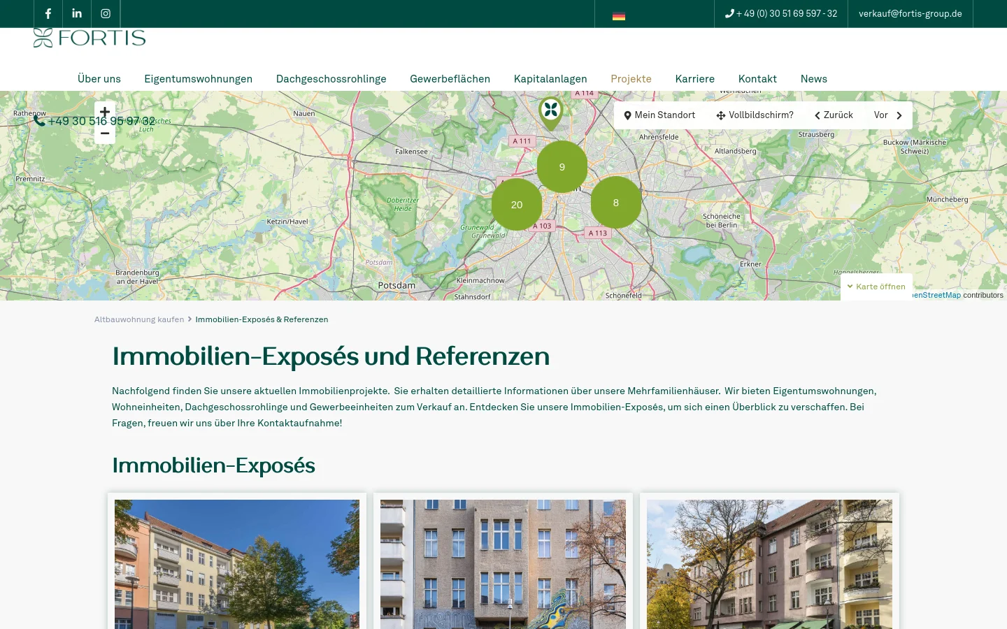 The desktop page features a white header with the Fortis logo and a navigation menu. Below the header, a large interactive map shows property locations with green numbered circular markers. The main content area follows with a large heading 'Immobilien-Exposés und Referenzen' and a grid of property images with project details.