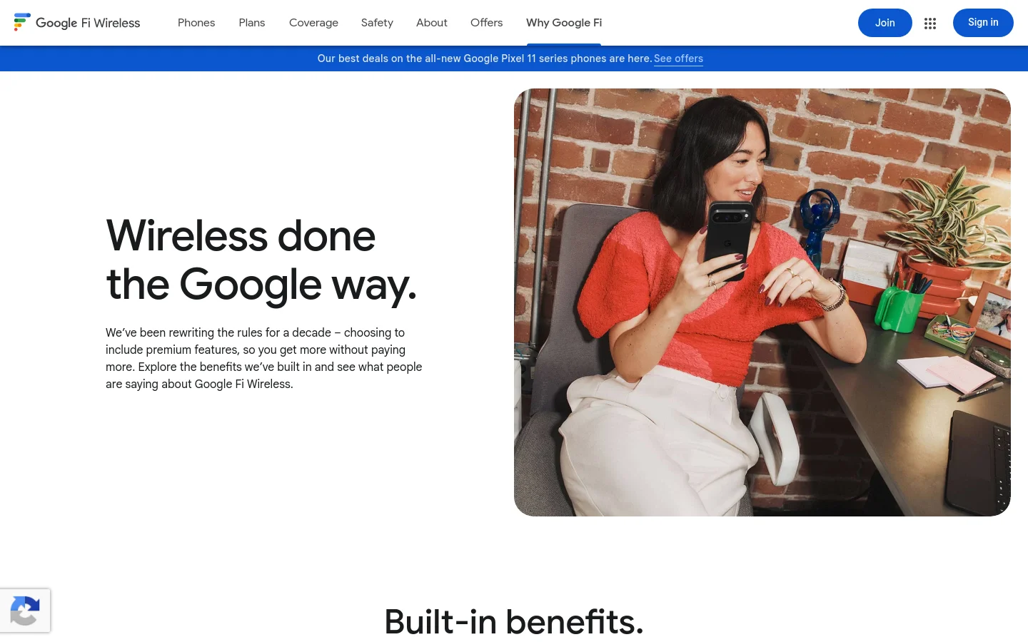 The desktop page features a split-screen hero section with a large headline on the left reading 'Wireless done the Google way.' and a lifestyle photograph on the right showing a woman in a red shirt sitting at a desk using a smartphone. A blue banner at the top promotes Google Pixel 11 deals, and a white navigation bar includes links for Phones, Plans, and Coverage alongside 'Join' and 'Sign in' buttons.