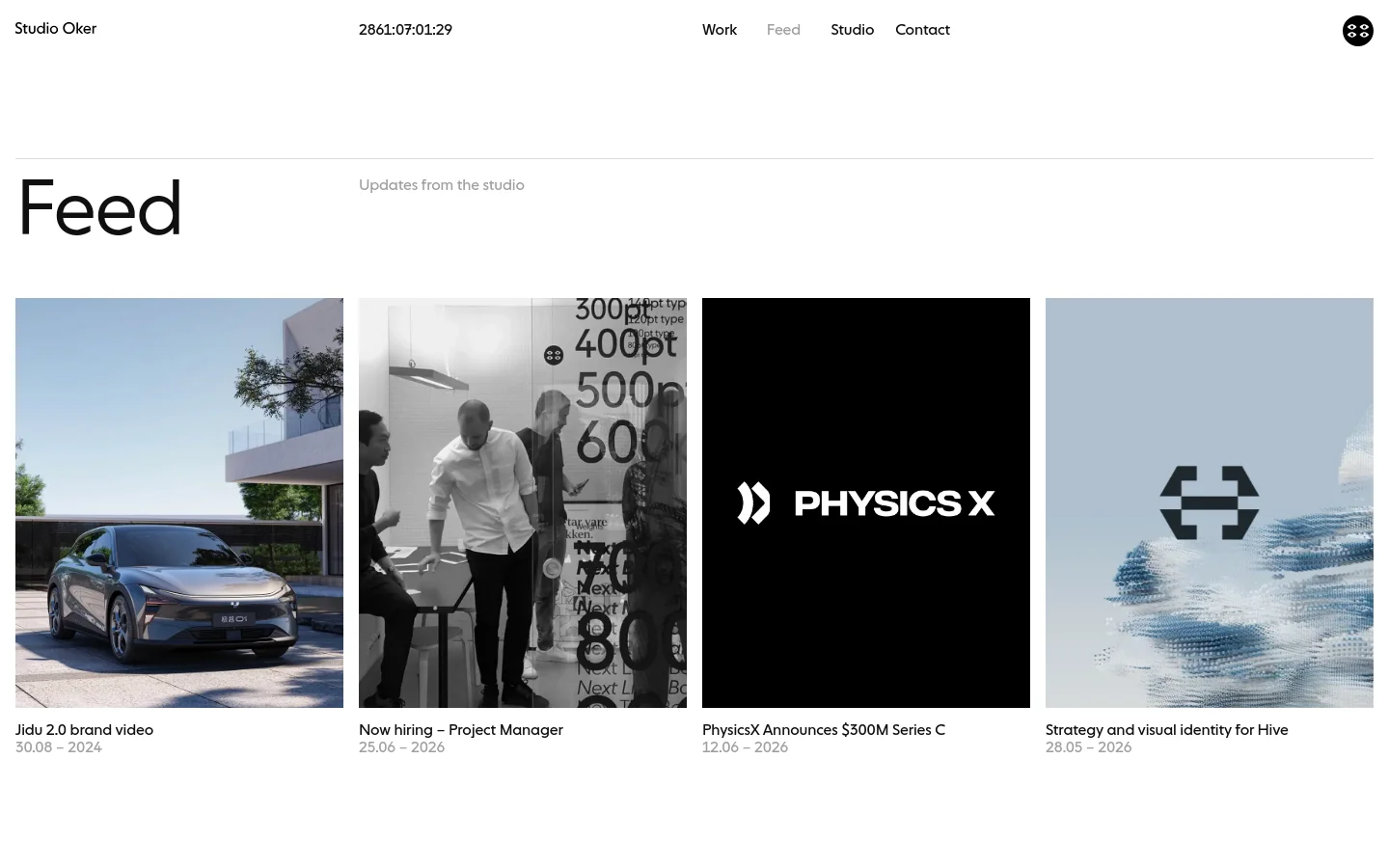 The desktop Feed page features a minimalist white layout with a top navigation bar and a large 'Feed' headline. Below the headline, a grid of four large vertical image cards displays studio updates, each with a title and date underneath. The images include a silver car, a black and white office scene, a black logo for PhysicsX, and a blue abstract graphic.