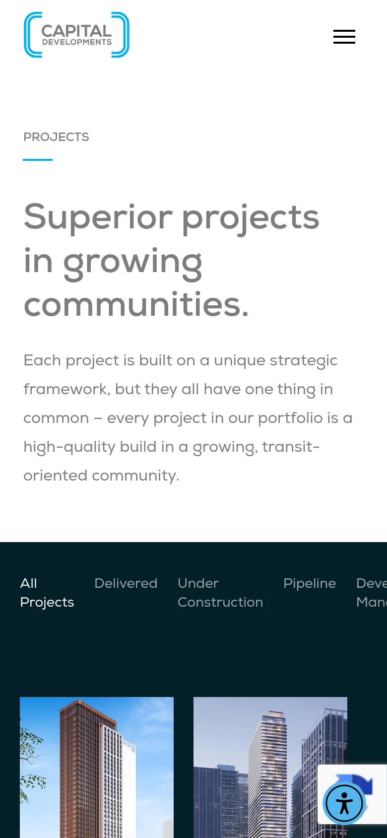 The mobile version simplifies the layout into a single vertical column, stacking the headline and descriptive text on top of each other. The project filter menu is presented as a horizontal scrolling list, and the large architectural images are scaled to fit the width of the phone screen.