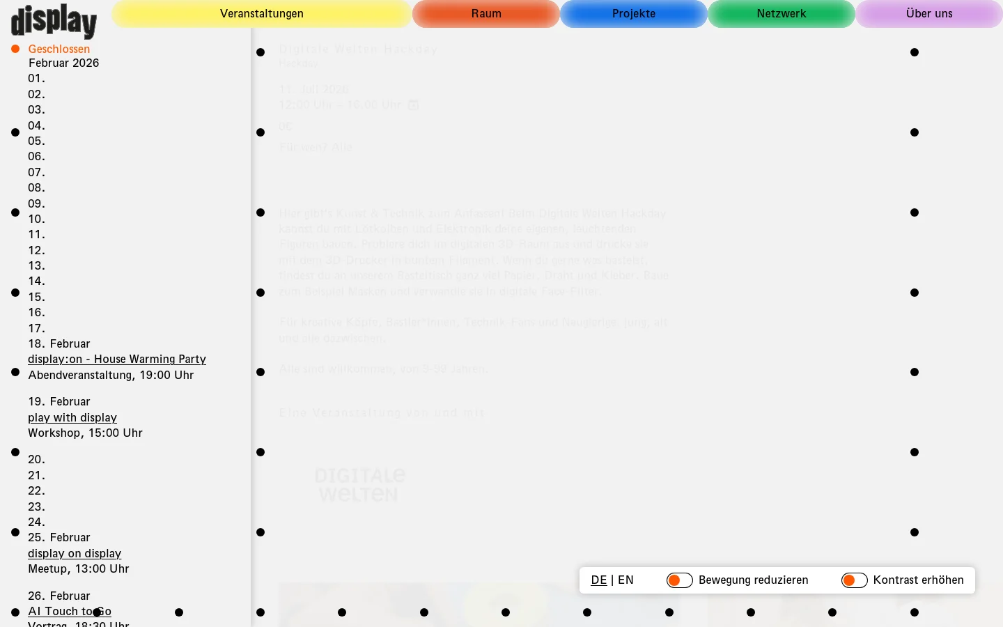 The desktop page displays a calendar-style list of events for February 2026 on a light gray background. A colorful navigation bar at the top features rounded buttons for 'Veranstaltungen', 'Raum', 'Projekte', 'Netzwerk', and 'Über uns'. The layout uses a vertical list of dates, with specific event titles, types, and times highlighted in black text next to their corresponding dates.