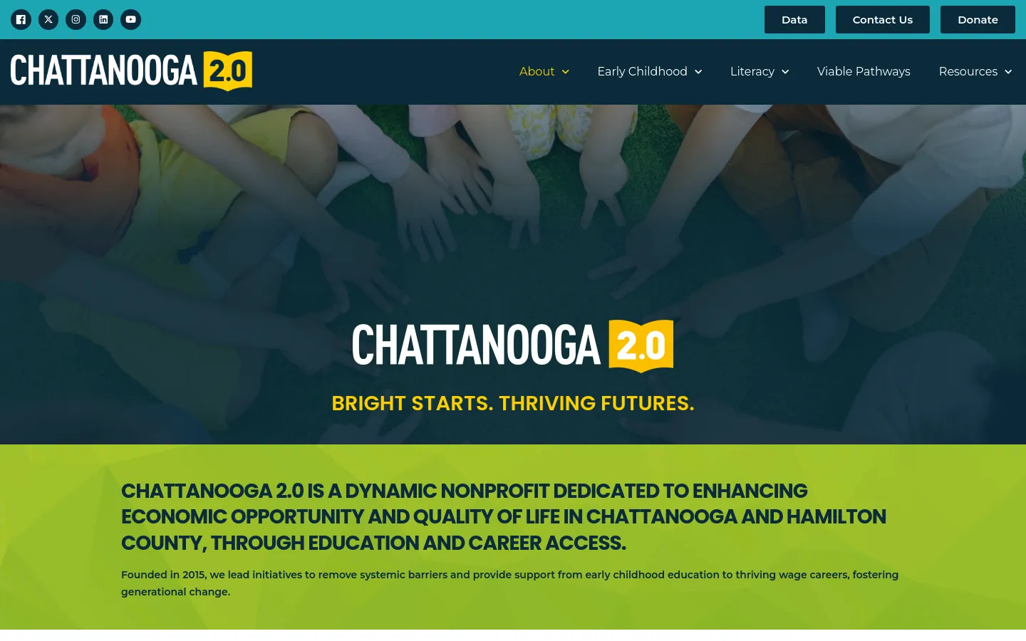 The desktop version features a dark teal header with navigation links for About, Early Childhood, Literacy, Viable Pathways, and Resources, alongside buttons for Data, Contact Us, and Donate. A large hero section shows children playing on grass with the 'Chattanooga 2.0' logo and the slogan 'BRIGHT STARTS. THRIVING FUTURES.' overlaid on a dark image. Below the hero, a bright lime green section contains bold text describing the organization's mission to enhance economic opportunity.