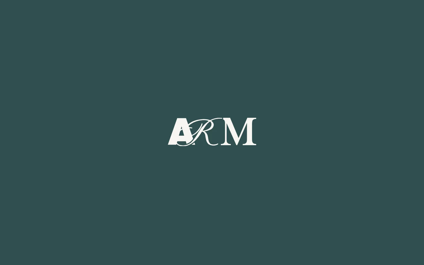 The desktop homepage features a minimalist design with a dark slate green background and the 'ARM' logo in large, white serif typography centered on the screen. A navigation menu is visible at the top with links to Projects, About, Awards, News, and People. The layout is clean and spacious, emphasizing the brand name.
