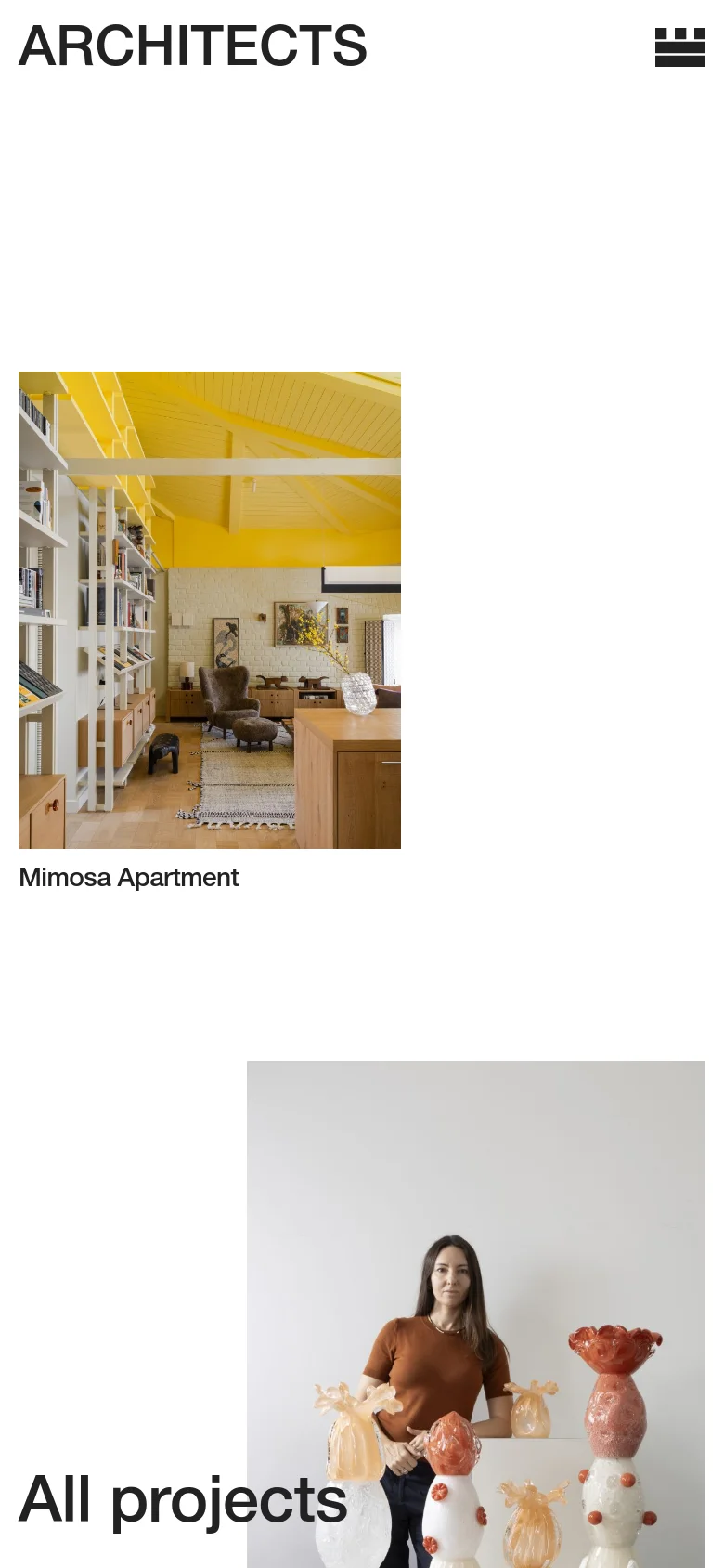 The mobile version presents a single-column vertical scroll of large project images, such as the yellow Mimosa Apartment. The navigation menu is condensed, and the 'All projects' headline is prominently displayed at the bottom of the screen.