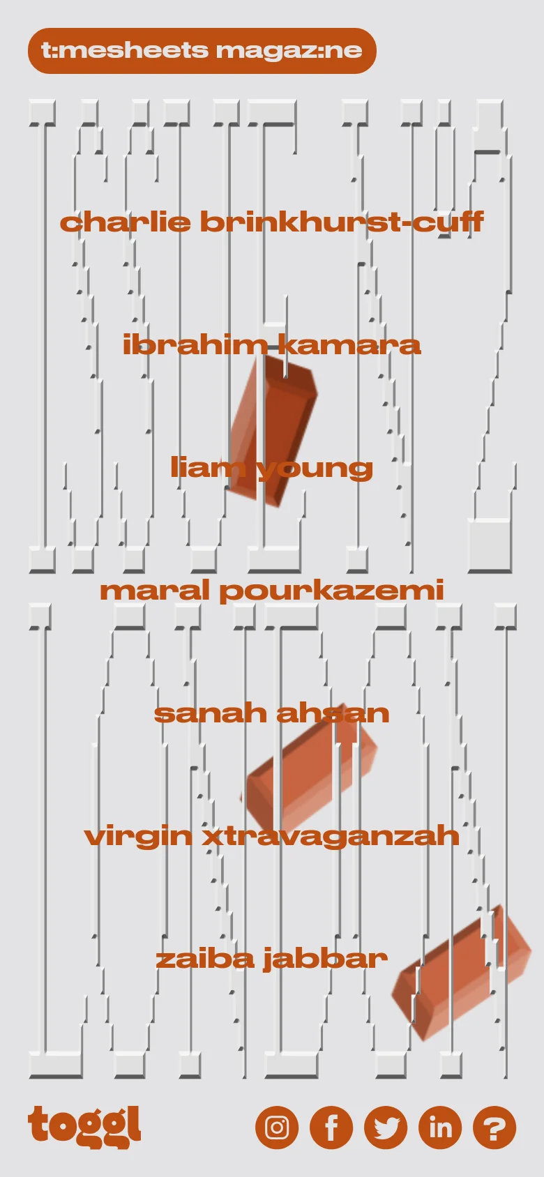 The mobile version uses a single-column vertical layout, removing the brick wall background to focus on the content. The artist names are listed centrally in orange text over the light gray textured background, with the Toggl logo and social media icons relocated to a horizontal row at the bottom.