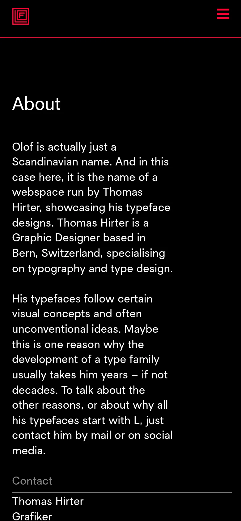 The mobile version simplifies the layout into a single vertical column on a black background. The navigation bar at the top features the logo on the left and a red hamburger menu icon on the right. The biographical text, contact details, and newsletter links are stacked vertically for easy scrolling.