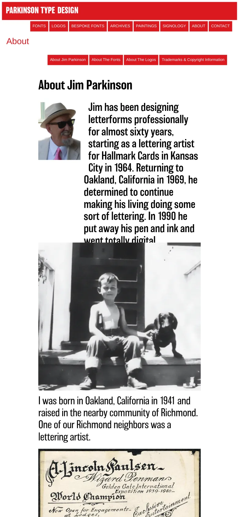 The mobile version maintains the red header and navigation menu, though the layout is vertically stacked for a narrow screen. The 'About Jim Parkinson' section shows the portrait and text in a single column, followed by the large black and white historical photograph and subsequent text blocks.