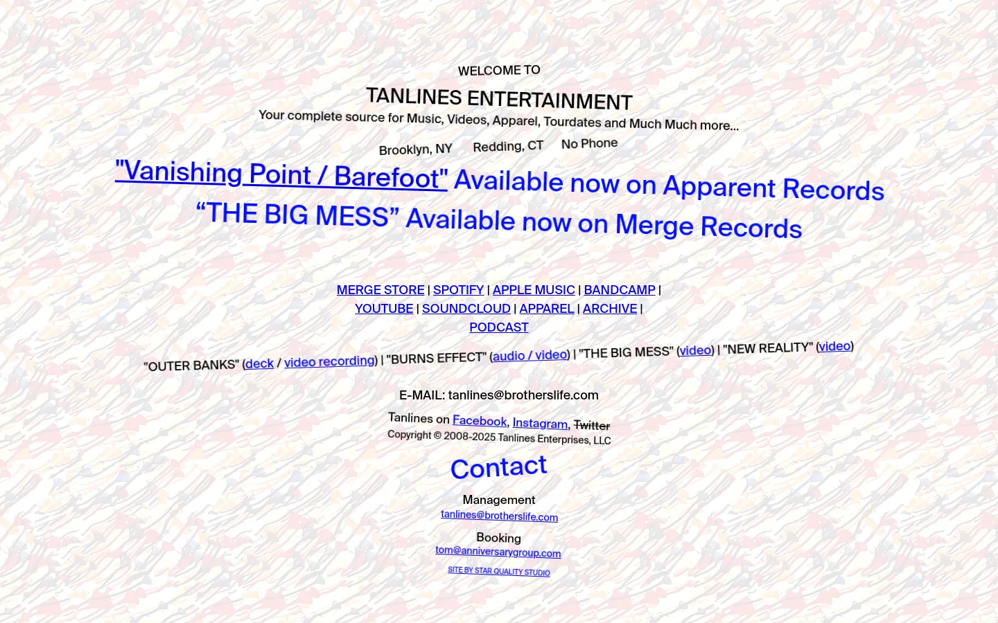 The Tanlines Entertainment homepage features a centered text layout over a colorful, abstract patterned background. Large blue and black headlines promote new music releases, followed by a horizontal list of text links for streaming services, apparel, and social media. Contact information and management details are listed at the bottom in a simple, centered format.