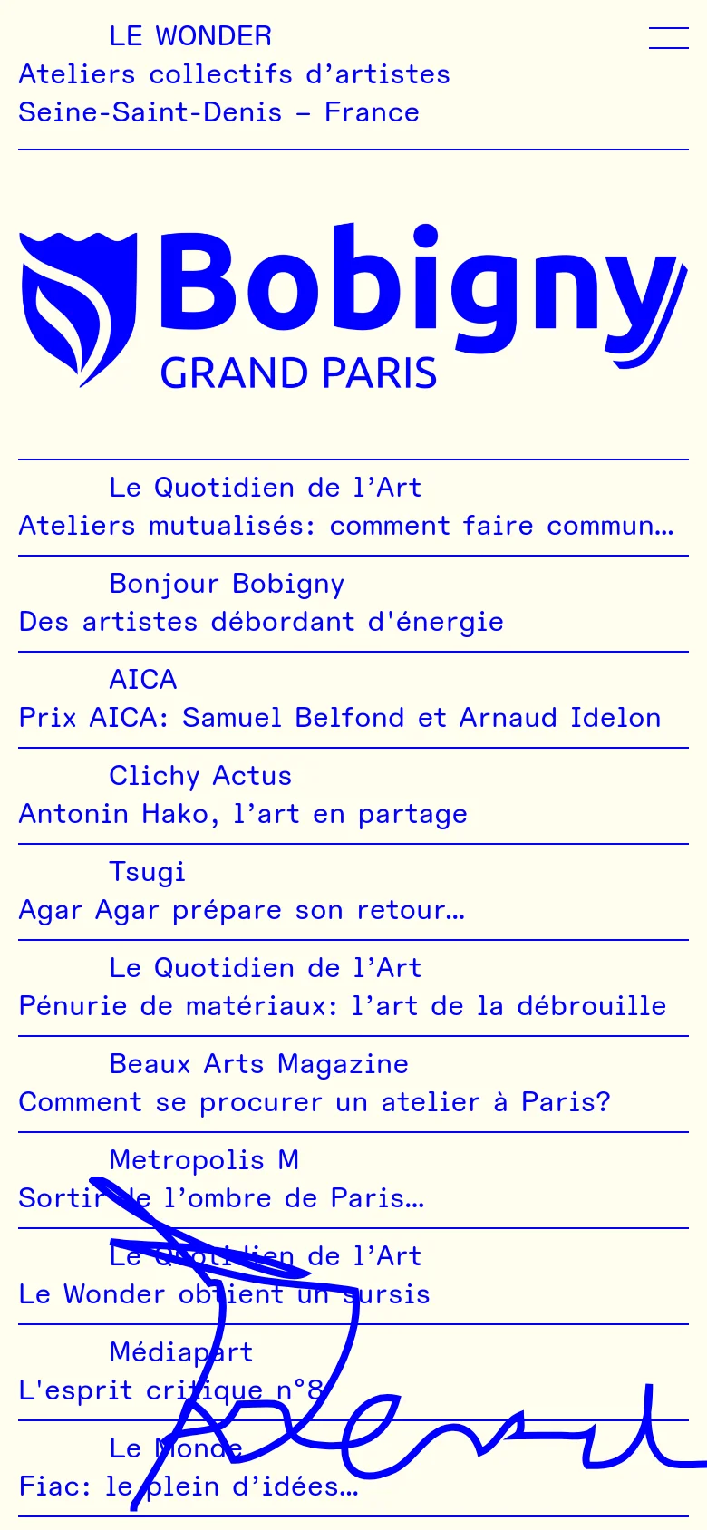 The mobile version presents the same press list but in a single-column vertical layout for easier scrolling. The header is condensed, showing the site name 'LE WONDER' and a hamburger menu icon at the top.