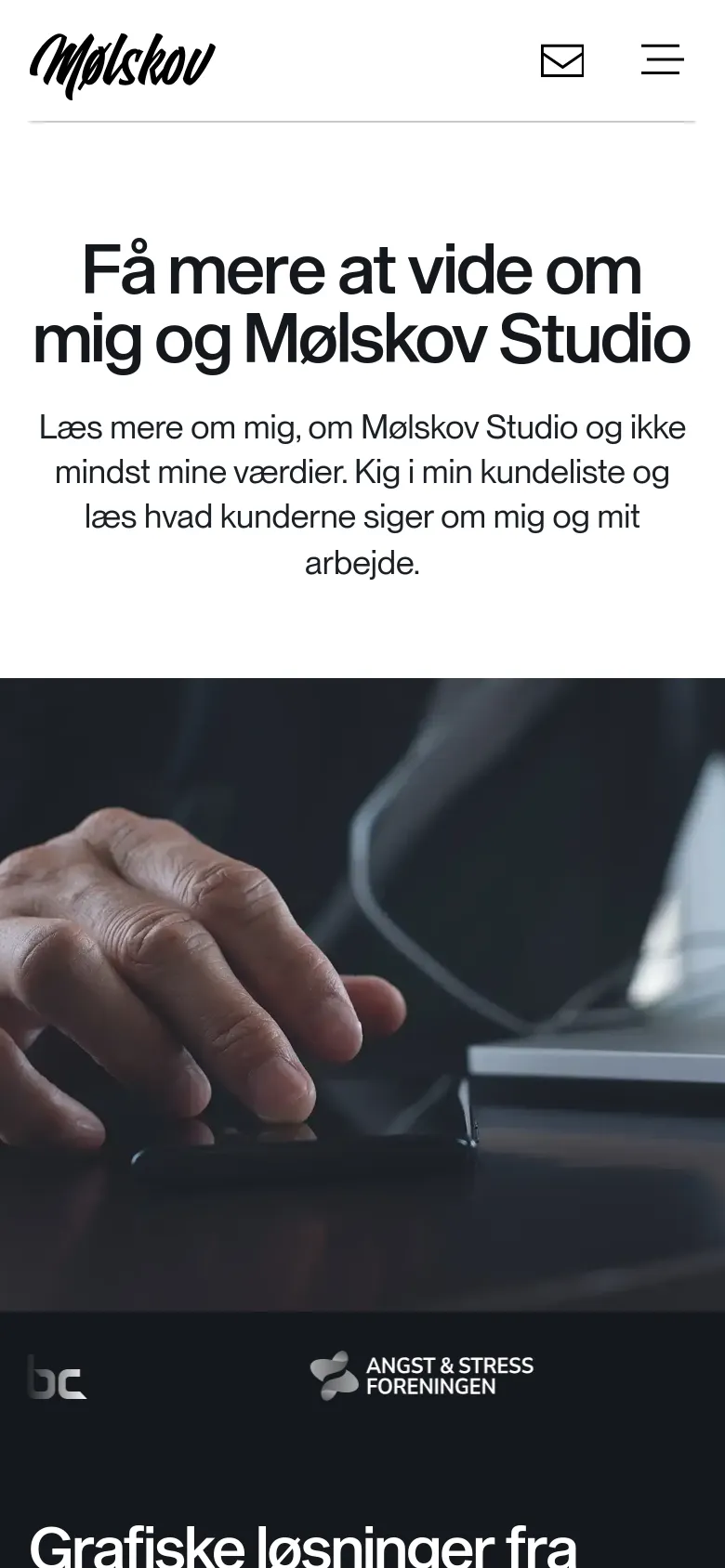 The mobile version presents a vertically stacked layout with the headline and subtext at the top, followed by the hero image of hands using devices. The navigation is condensed into a top bar containing only the logo, an email icon, and a hamburger menu. The dark client logo section follows the hero image, optimized for a narrow screen width.