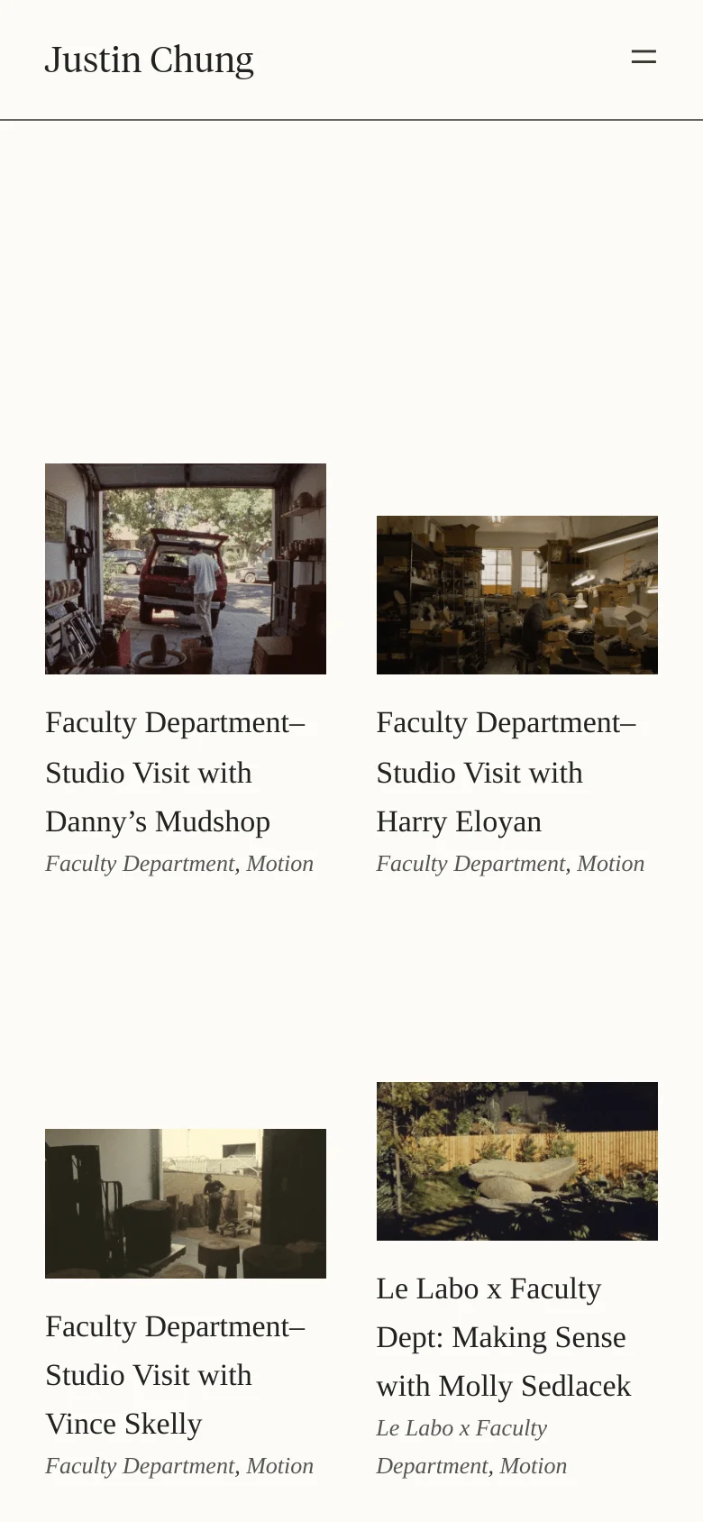 The mobile version presents a simplified vertical layout with the name 'Justin Chung' at the top and a hamburger menu icon on the right. The photography grid transitions into a single-column stack, showing large thumbnail images followed by their respective project titles and categories like 'Faculty Department, Motion'.