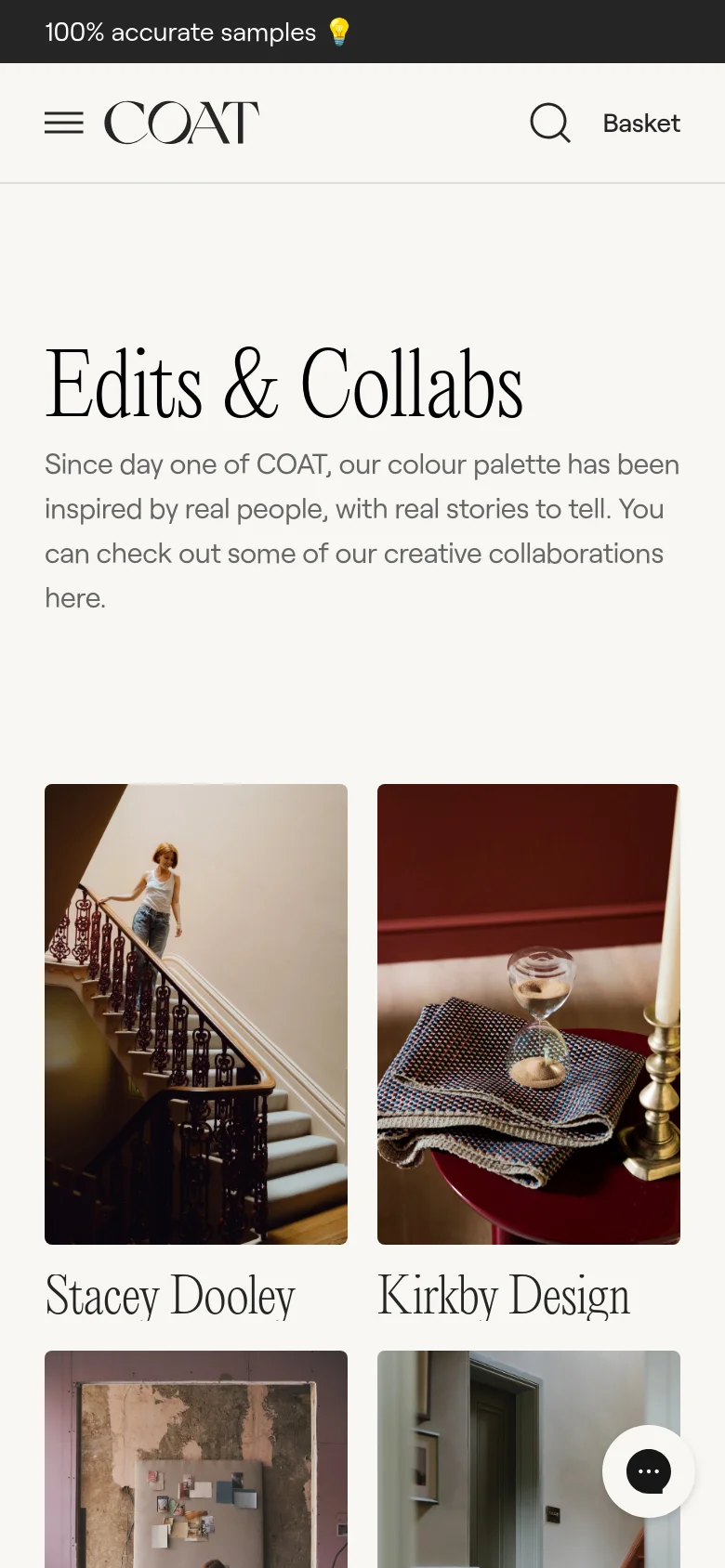 The mobile version maintains the cream aesthetic but uses a single-column vertical layout for the collaboration images to ensure readability on smaller screens. The header is condensed into a hamburger menu icon, the COAT logo, a search icon, and a 'Basket' link. The large serif headline and introductory text remain prominent at the top of the scroll.