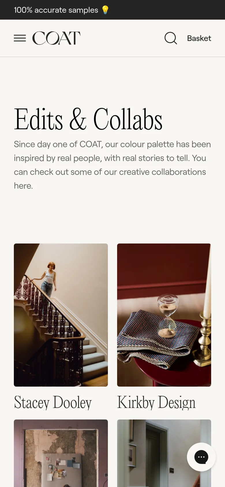 The mobile version maintains the cream aesthetic but uses a single-column vertical layout for the collaboration images to ensure readability on smaller screens. The header is condensed into a hamburger menu icon, the COAT logo, a search icon, and a 'Basket' link. The large serif headline and introductory text remain prominent at the top of the scroll.