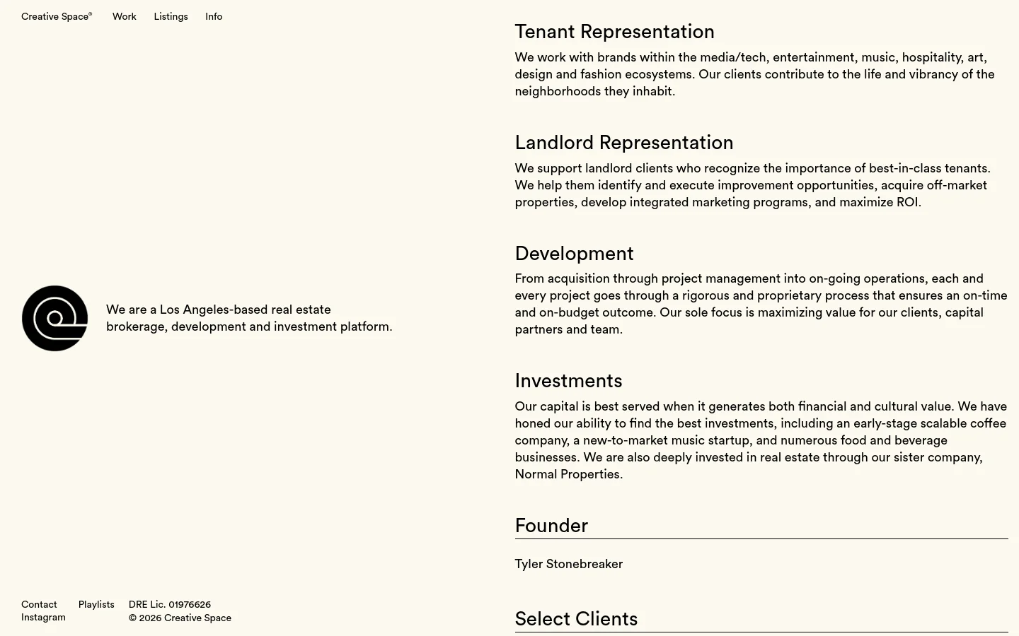 The desktop version features a minimalist white layout with a black logo on the left and a navigation menu at the top. The right side contains several bold headings including Tenant Representation, Landlord Representation, Development, Investments, Founder, and Select Clients, each followed by descriptive text. A horizontal line separates the Founder section from the content above.