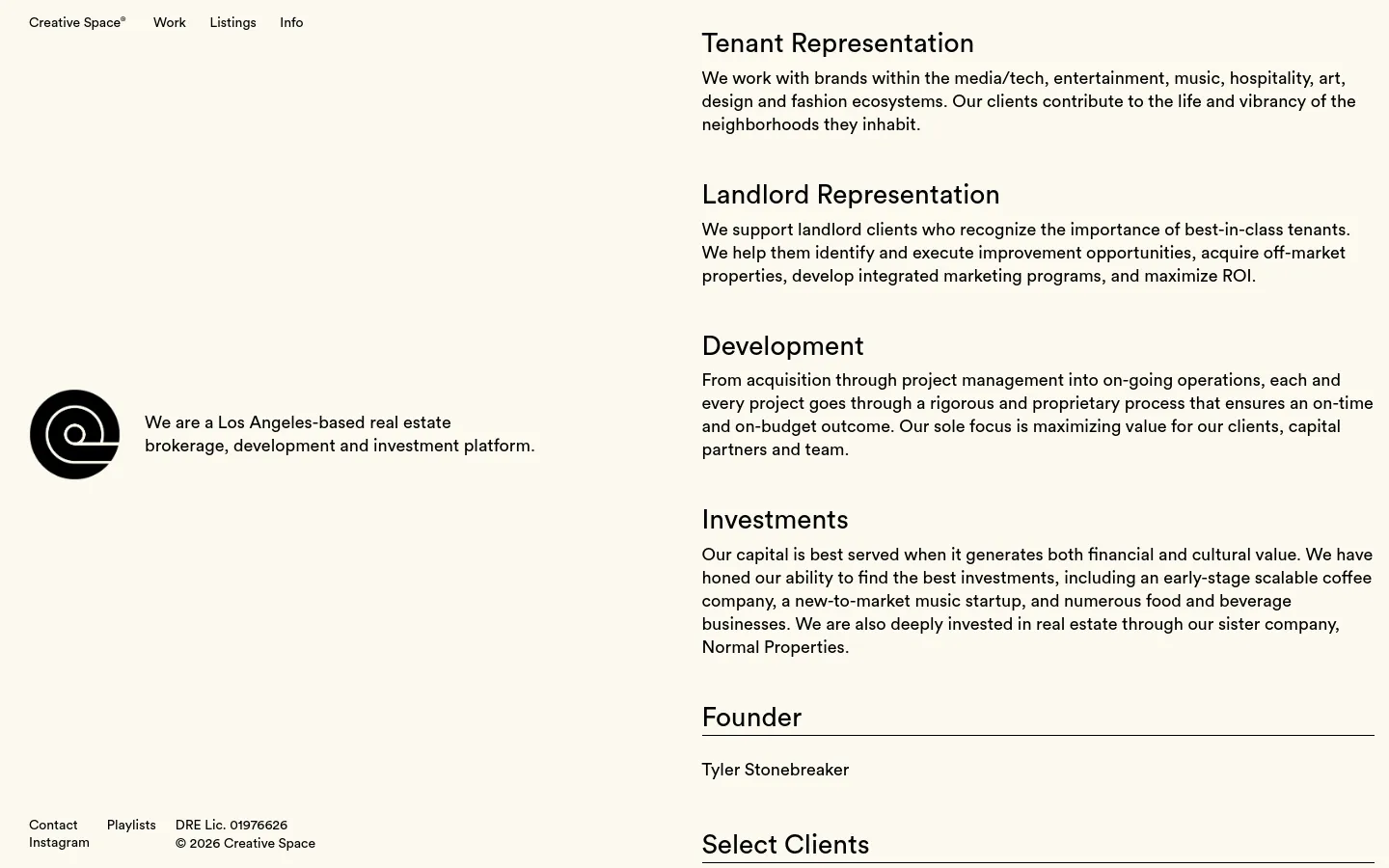 The desktop version features a minimalist white layout with a black logo on the left and a navigation menu at the top. The right side contains several bold headings including Tenant Representation, Landlord Representation, Development, Investments, Founder, and Select Clients, each followed by descriptive text. A horizontal line separates the Founder section from the content above.