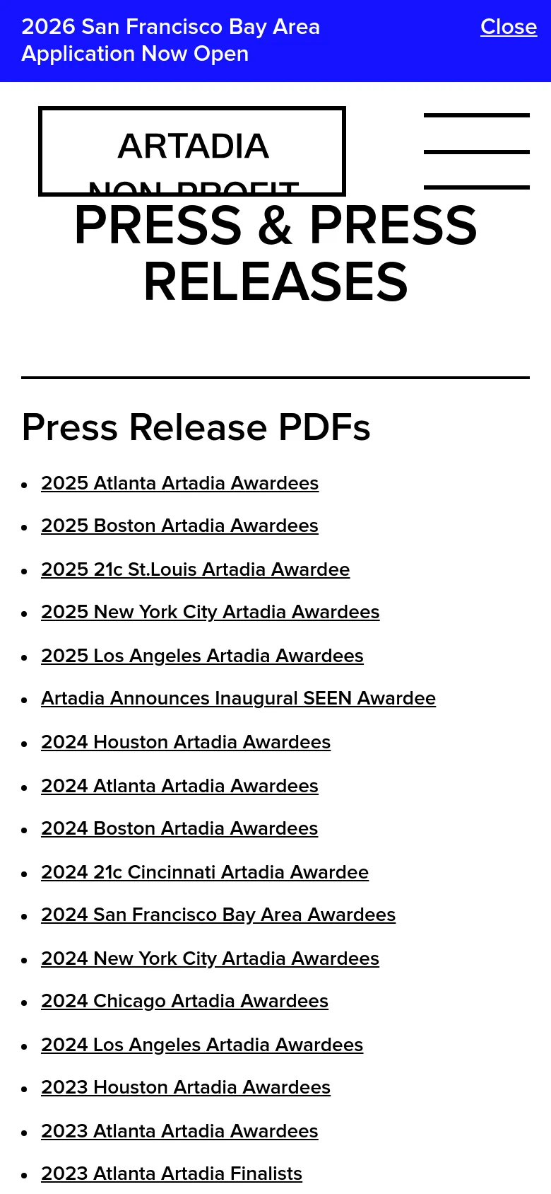 The mobile version presents a single-column vertical layout optimized for small screens. The large 'PRESS & PRESS RELEASES' headline is centered above a long list of bulleted text links for various press releases. The blue application banner remains at the top, and the navigation menu is condensed into a hamburger icon.