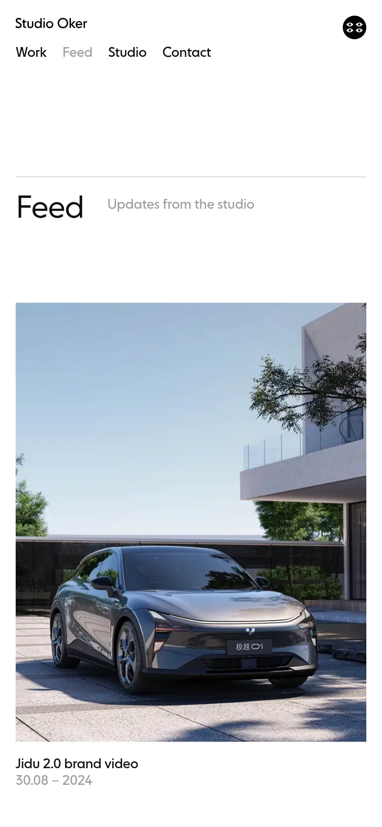 The mobile version simplifies the layout into a single-column vertical stack. The navigation menu is condensed, and the feed items appear as large, full-width images with their corresponding titles and dates positioned directly below each image.