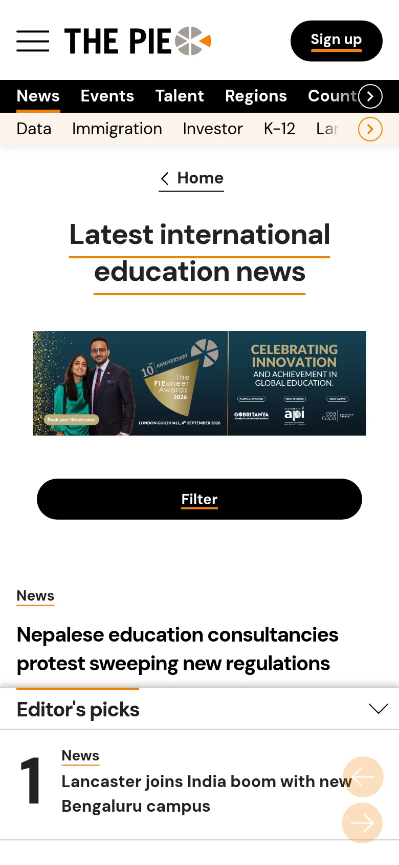 The mobile version presents a simplified vertical layout with a large centered headline and a single wide banner advertisement. The filter options are condensed into a single large black button, and the news feed follows a single-column format with the 'Editor's picks' section appearing as a list below the main content.