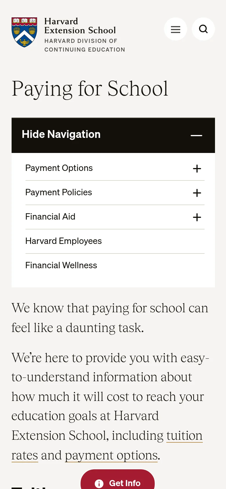 The mobile version uses a simplified vertical layout with a large 'Paying for School' headline and a prominent 'Hide Navigation' accordion menu. The sidebar links from the desktop version are integrated into this expandable menu. A floating 'Get Info' button is visible at the bottom of the screen, and the main text is centered for easier reading on a smaller screen.