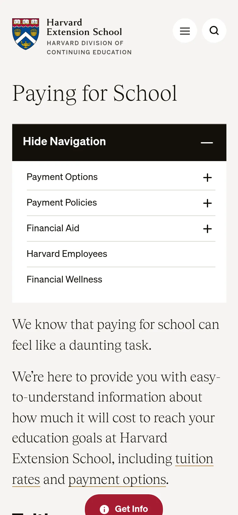 The mobile version uses a simplified vertical layout with a large 'Paying for School' headline and a prominent 'Hide Navigation' accordion menu. The sidebar links from the desktop version are integrated into this expandable menu. A floating 'Get Info' button is visible at the bottom of the screen, and the main text is centered for easier reading on a smaller screen.