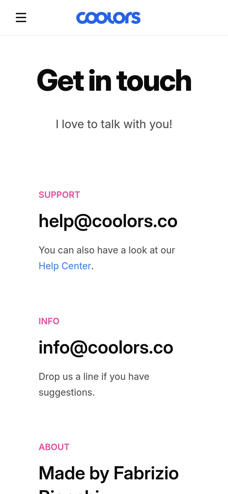 The mobile version presents a single-column vertical layout optimized for scrolling. The 'Get in touch' header and contact categories like Support, Info, and About are stacked vertically instead of in a grid. A hamburger menu icon is visible in the top left corner next to the Coolors logo.