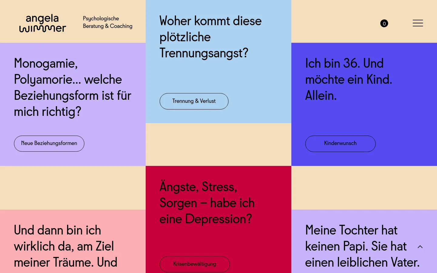 The desktop homepage features a colorful, grid-based layout with large blocks of pastel and vibrant colors like lavender, light blue, and red. Each block contains a provocative question related to psychological coaching, such as 'Where does this sudden separation anxiety come from?', accompanied by a specific call-to-action button. The header includes the name 'angela wimmer' and a navigation menu icon.