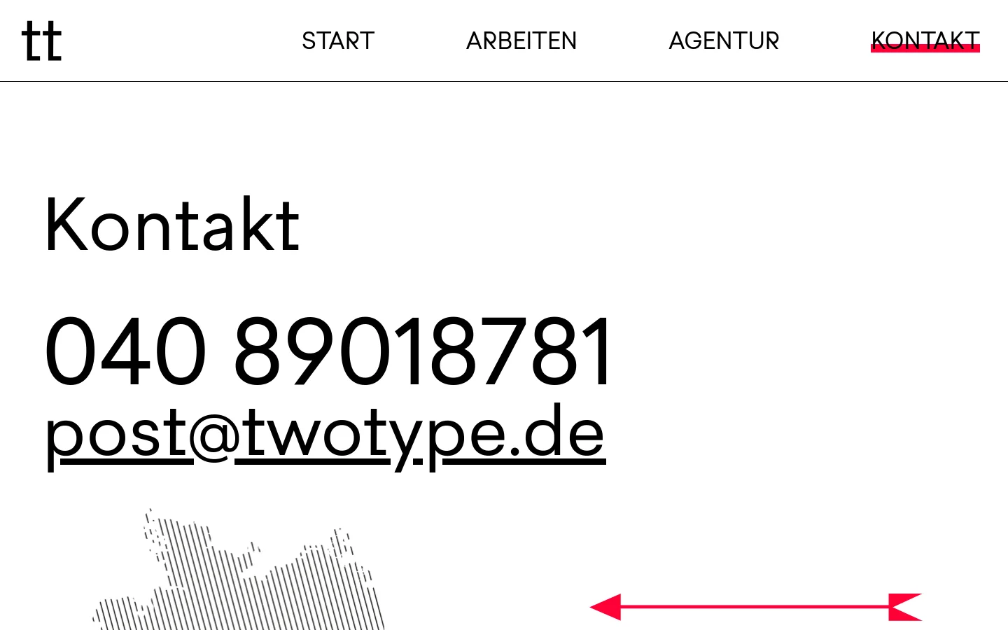 The contact page features a minimalist white background with large black typography for the headline 'Kontakt', phone number, and email address. Below the text is a black and white stylized graphic of Germany, alongside the agency's physical address in Hamburg and social media icons. The desktop layout uses a wide horizontal navigation bar at the top with links for Start, Arbeiten, Agentur, and Kontakt.