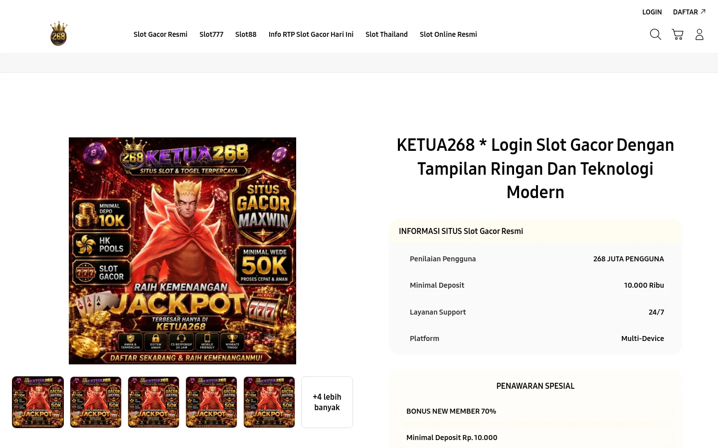 Desktop view of the KETUA268 landing page featuring a large, colorful hero image of a character surrounded by gold coins and slot game elements. To the right, a large headline is followed by an information table listing user ratings, minimum deposit, and support details, set against a clean white background with a top navigation bar.