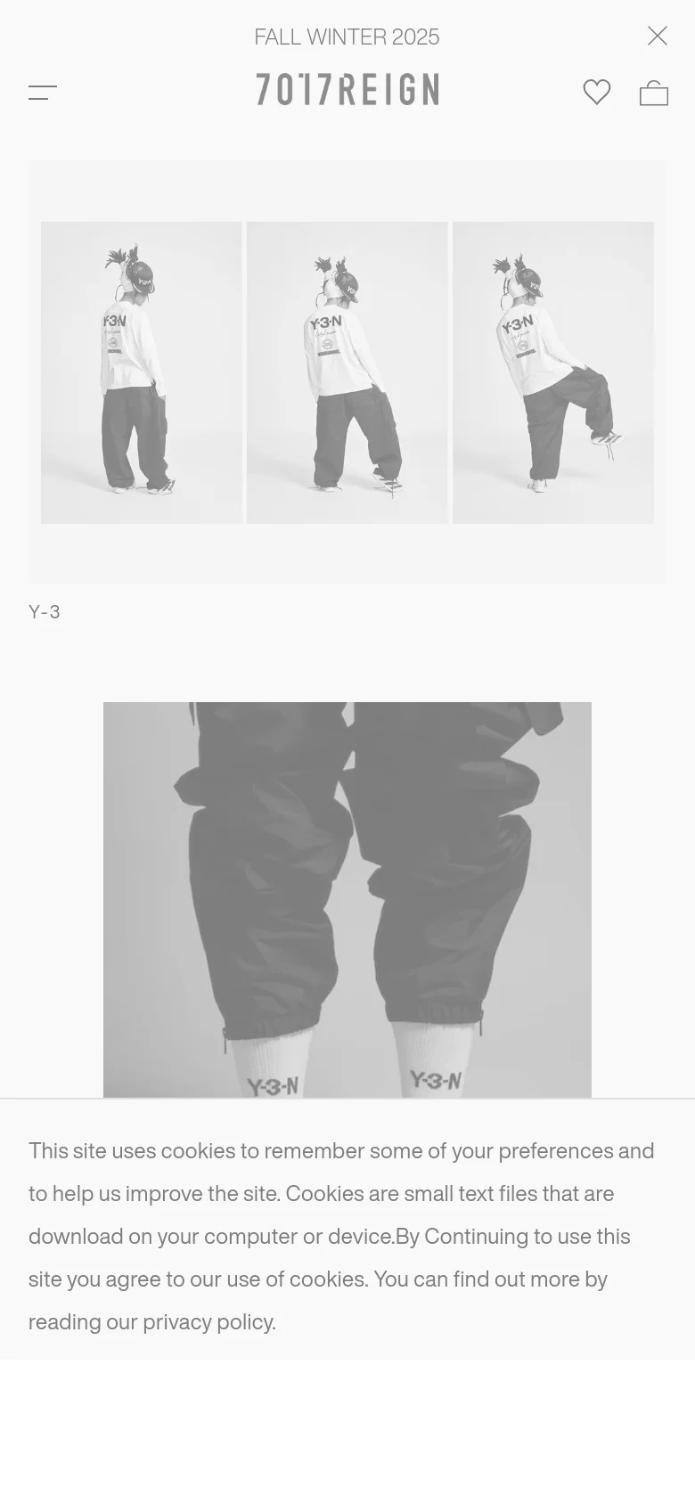 The mobile version presents a simplified, vertical layout with a hamburger menu icon on the top left and a heart and shopping bag icon on the top right. The hero image of the Y-3 model is stacked vertically, followed by the 'Y-3' category heading. A cookie consent banner occupies the bottom of the screen.