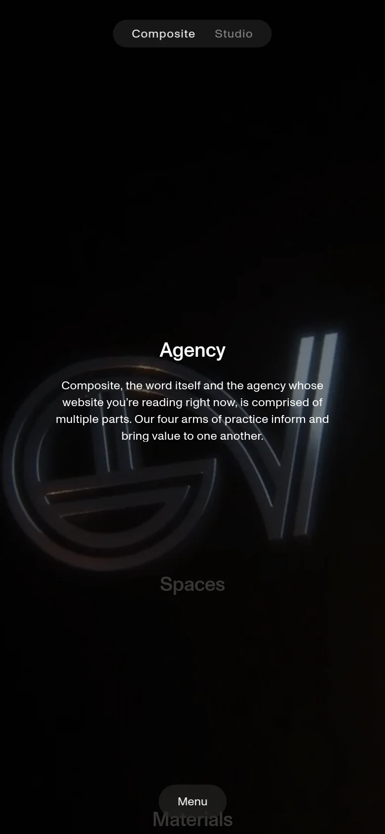 The mobile version presents a vertically stacked, simplified layout on a dark background. Large, soft-focus typography displays 'Agency' at the top, followed by a descriptive paragraph about the agency's four arms of practice, with 'Spaces' and 'Materials' visible in the background below.