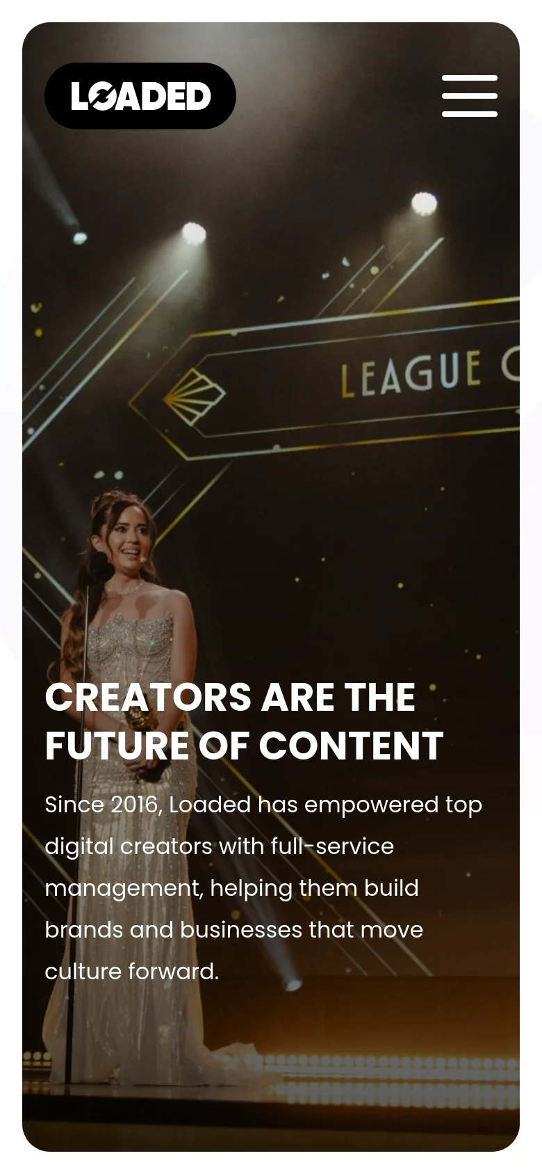 The mobile version shows a vertical hero section with a dark, cinematic background of a person on a stage. The headline 'CREATORS ARE THE FUTURE OF CONTENT' and descriptive text are centered, with a hamburger menu icon in the top right corner for navigation.