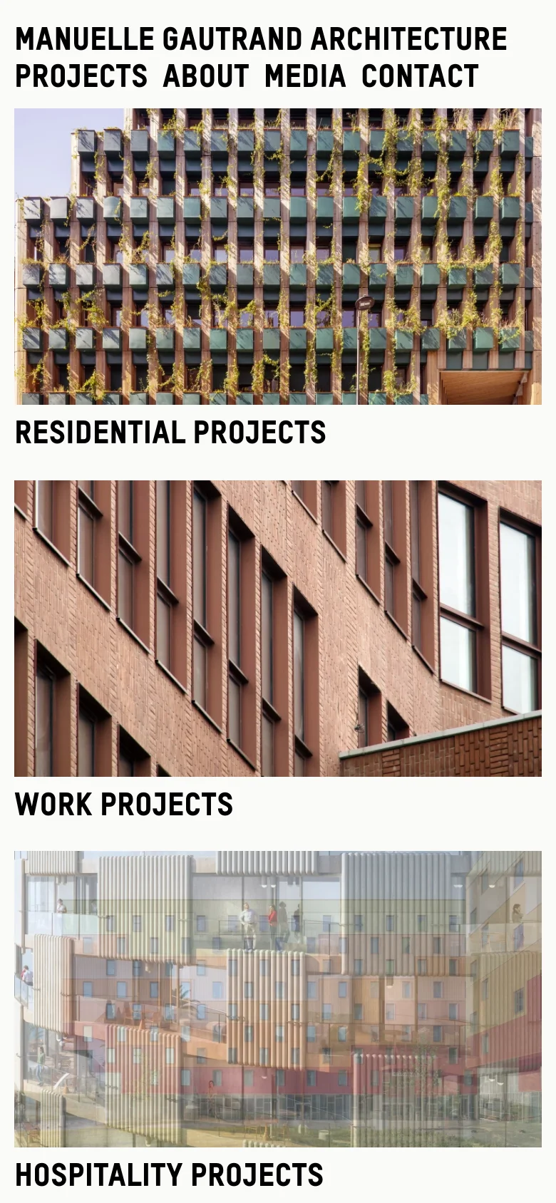 The mobile version presents a vertically stacked layout where large, full-width architectural images are paired with bold, black sans-serif headlines like 'RESIDENTIAL PROJECTS' and 'WORK PROJECTS' directly underneath. The navigation menu is repositioned at the top, appearing as a stacked list of text links. The focus shifts from a grid-based browsing experience to a continuous vertical scroll of project categories.