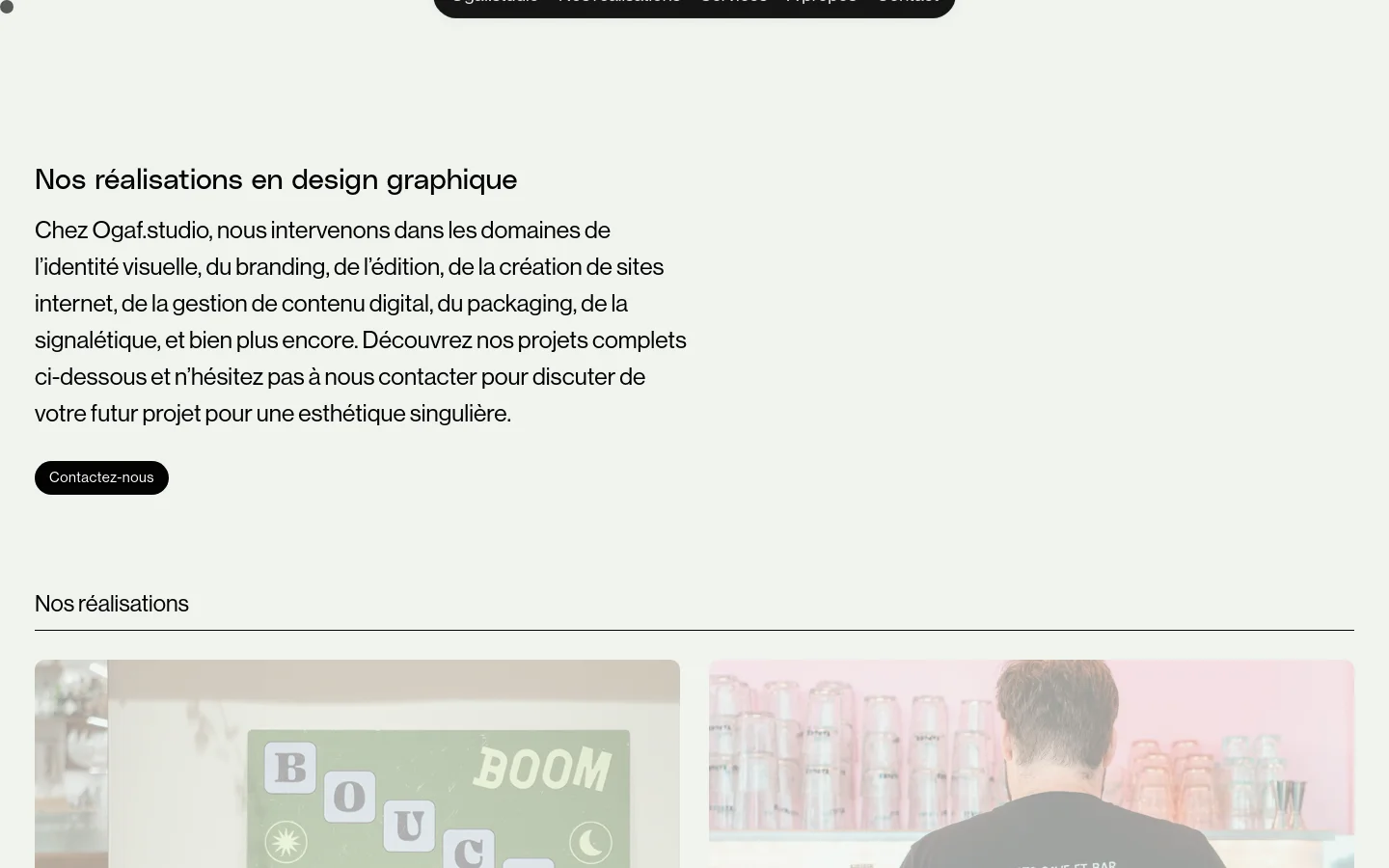 The desktop version features a clean, minimalist layout with a light gray background and dark text. A large headline 'Nos réalisations en design graphique' is followed by an introductory paragraph and a black 'Contactez-nous' button. Below, a grid of project cards displays large images with titles and service descriptions like 'Boucan | Restaurant Bistro-bar'.