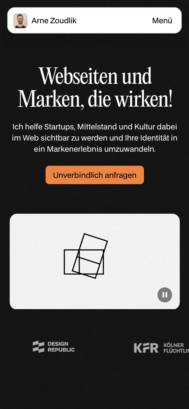 The mobile version maintains the dark theme and large white serif typography, but the layout is vertically stacked for a narrower screen. The headline and descriptive text are centered, followed by the orange call-to-action button. A large light-gray card with a graphic icon and a pause button is positioned below the main hero section.