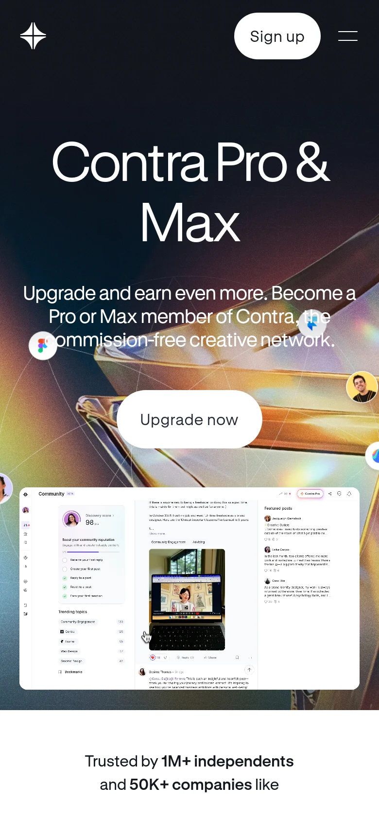 The mobile version presents a vertically stacked layout with the 'Contra Pro & Max' headline and subheadline centered at the top. A large 'Sign up' button and a hamburger menu icon are positioned in the header, while the 'Upgrade now' button and dashboard imagery are scaled down to fit the narrow screen width.