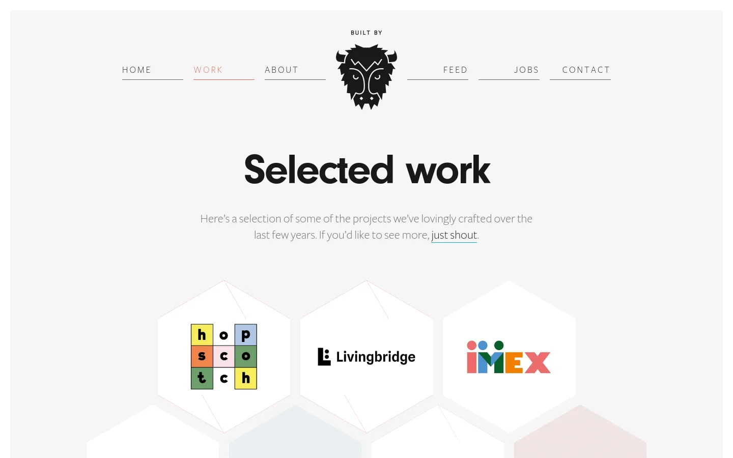 The desktop page features a clean, minimalist design with a light grey background and a central navigation menu featuring a black buffalo logo. The main headline reads 'Selected work' above a grid of large, white hexagonal tiles, each showcasing a different project logo like Hopscotch, Livingbridge, and iMEX.