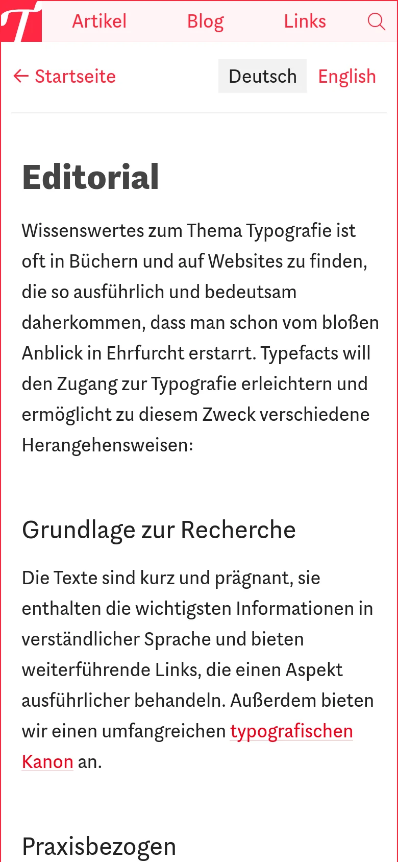 The mobile version simplifies the layout into a single vertical column, removing the sidebar to prioritize readability. The navigation is condensed, and the header features a prominent 'Editorial' title with language toggle buttons for Deutsch and English positioned at the top right.