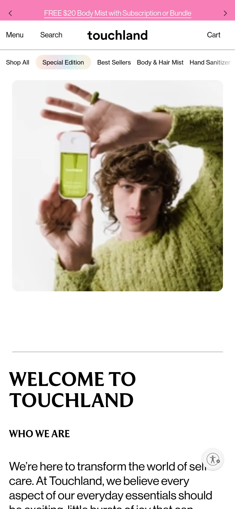 The mobile version presents a vertically stacked layout, starting with a prominent hero image of a person holding a product. The navigation is condensed into a 'Menu' button and a search icon, with the pink promotional banner appearing at the very top. Text content is centered and scaled for easier reading on a smaller screen, maintaining the brand's minimalist aesthetic.