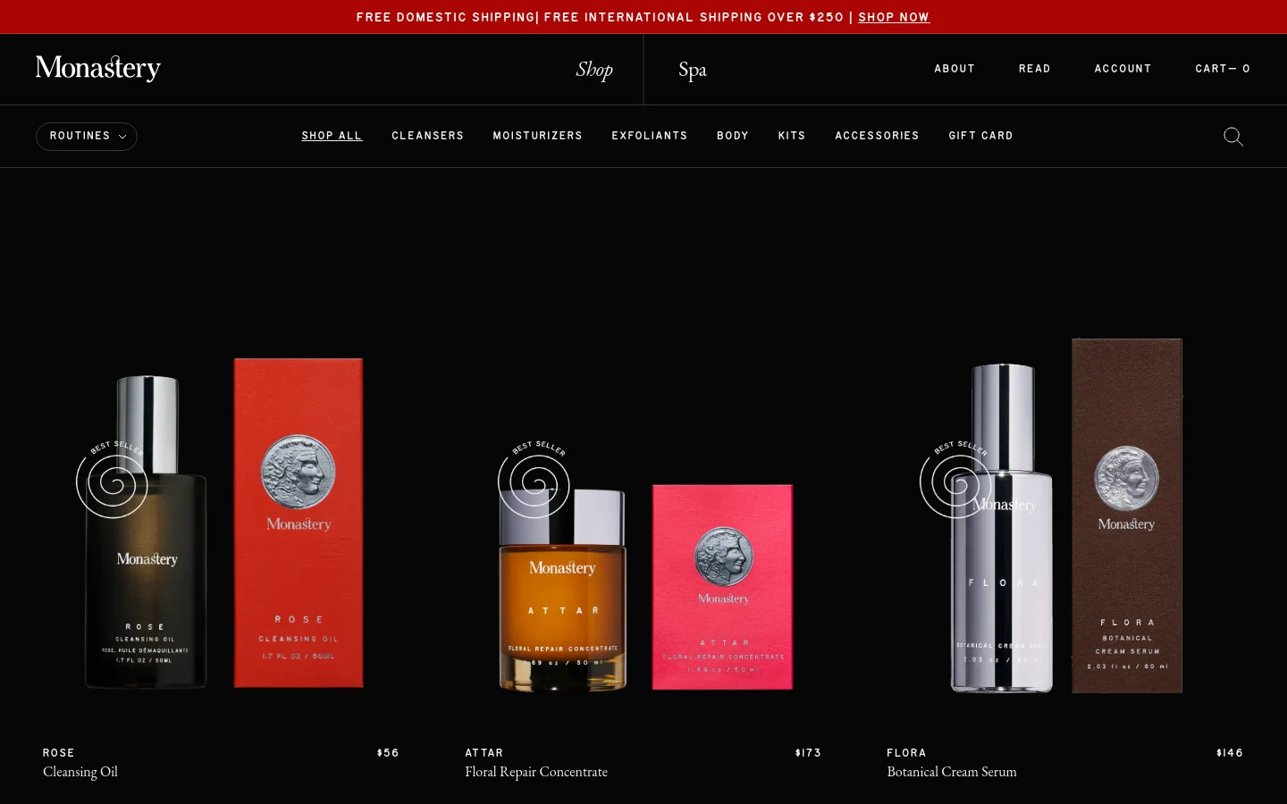 The desktop shop page features a minimalist black background with a white navigation menu including categories like Cleansers and Moisturizers. A 'Routines' section displays four skincare kits in a grid, followed by a product gallery showing individual items like Rose Cleansing Oil and Attar Floral Repair Concentrate with their prices and 'Shop Now' buttons.
