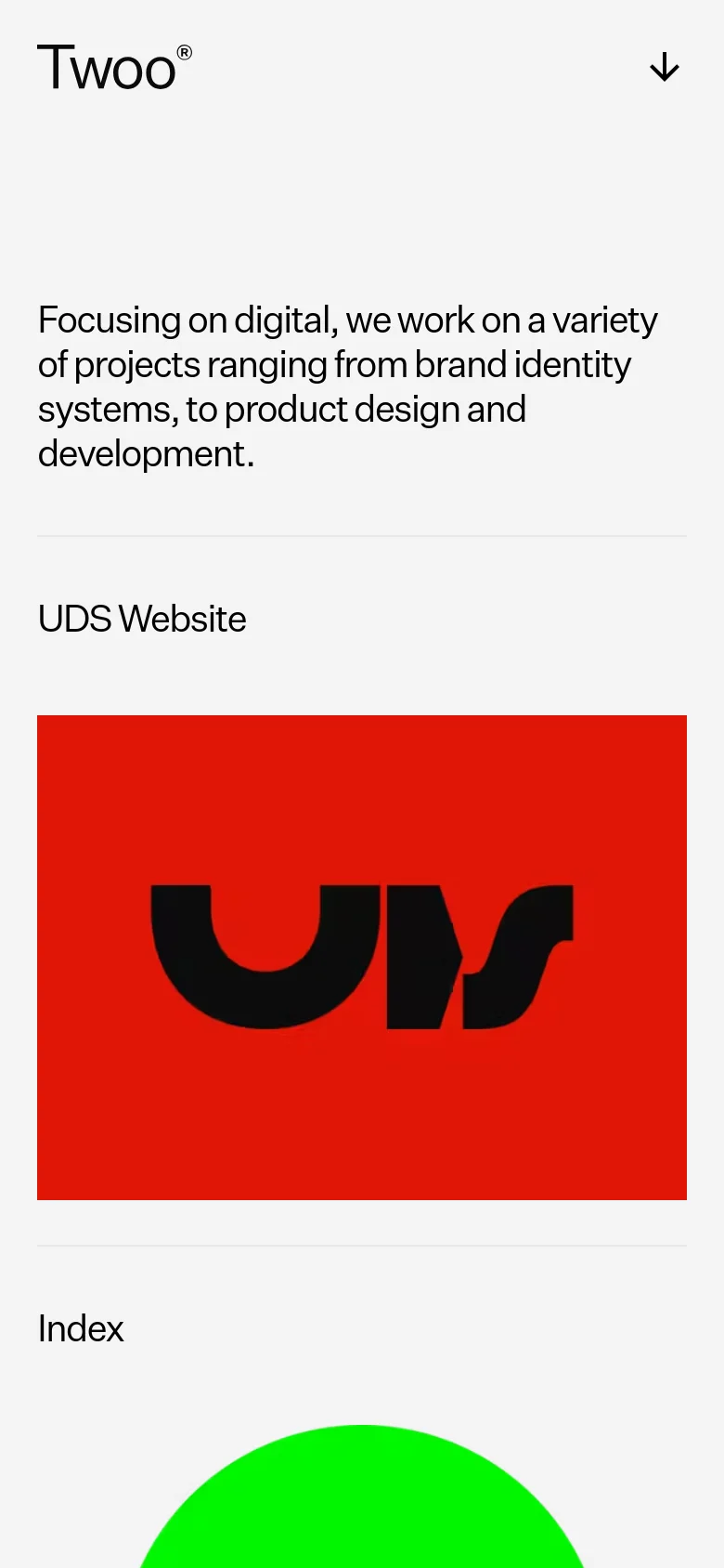 The mobile version maintains the minimalist aesthetic but uses a single-column layout. The text is larger for readability, and the project images are stacked vertically beneath their respective titles and descriptions.