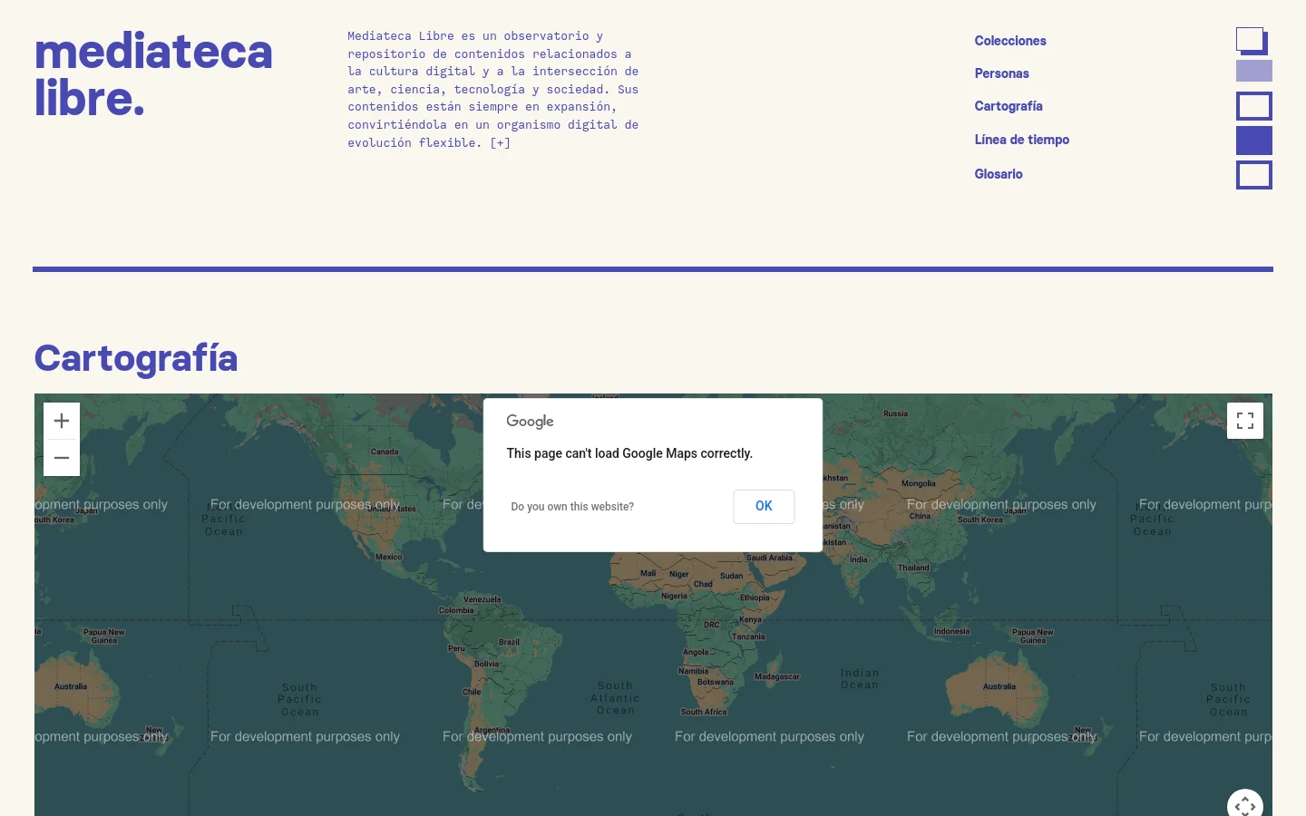 The Cartografía page features a large interactive world map as the central element, set against a light beige background. A navigation menu at the top includes links for Colecciones, Personas, Cartografía, Línea de tiempo, and Glosario, alongside the Mediateca Libre logo. Map controls like zoom and full-screen are visible on the map interface.