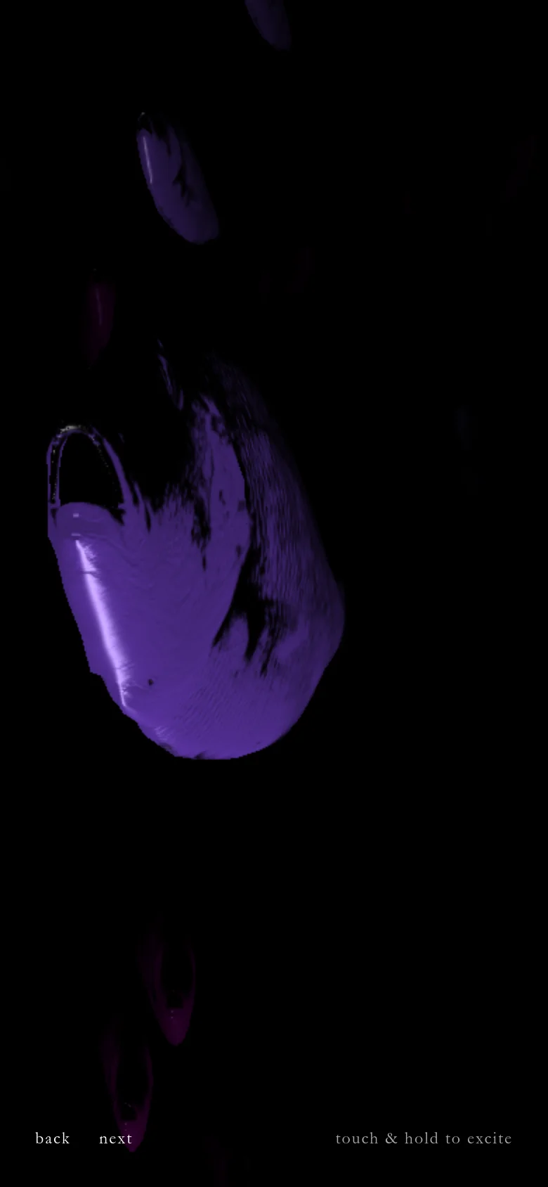 The mobile version focuses on the immersive visual, showing a large, vertically oriented purple 3D organic form against a black background. Navigation is simplified to 'back' and 'next' at the bottom, with a prompt to 'touch & hold to excite' replacing the desktop click instructions.