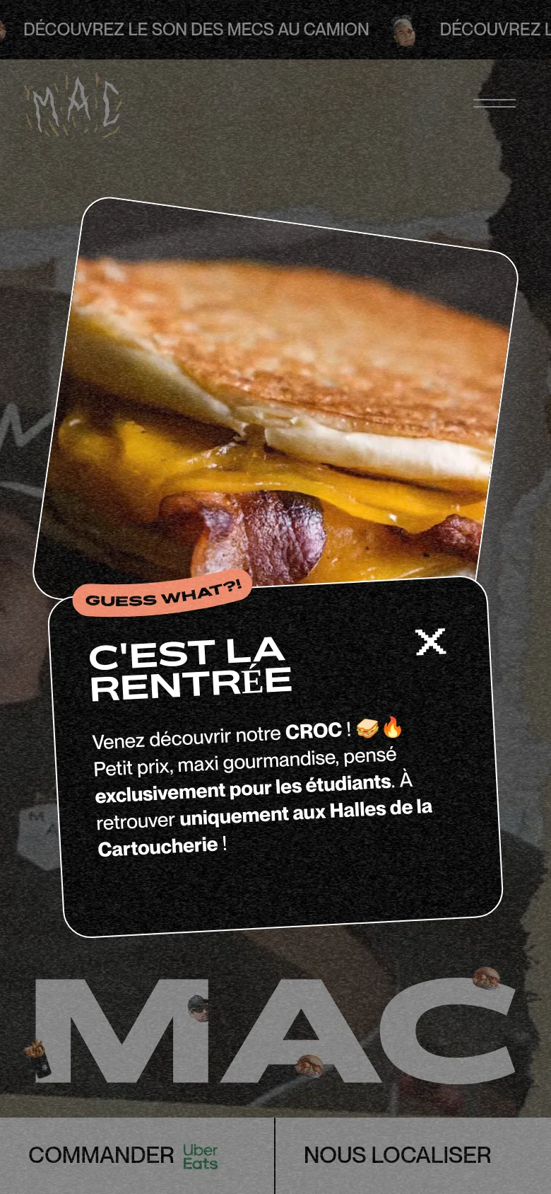 The mobile version presents a vertically stacked layout optimized for small screens. The promotional sandwich pop-up dominates the center, followed by large, easy-to-tap buttons at the bottom for 'COMMANDER Uber Eats' and 'NOUS LOCALISER'. The background maintains the dark, textured urban theme seen on desktop.