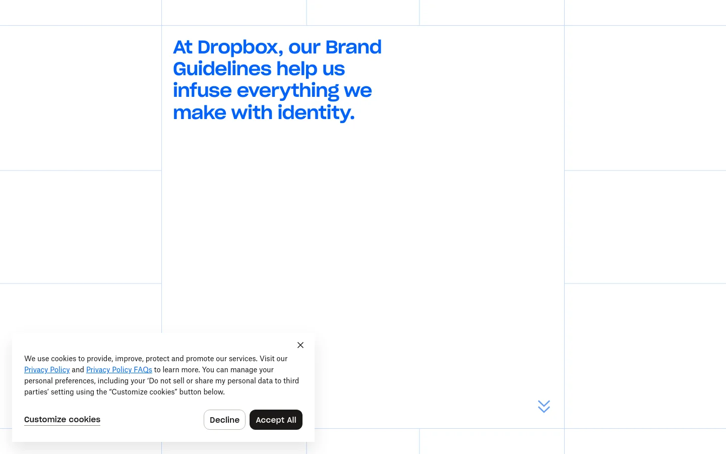 The Dropbox Brand Guidelines homepage features a minimalist white background with a blue grid pattern. A large blue headline reads, 'At Dropbox, our Brand Guidelines help us infuse everything we make with identity,' positioned within a grid cell. Navigation links for brand assets like Logo, Typography, and Color are arranged in a clean grid layout below a quote by Charles Eames.