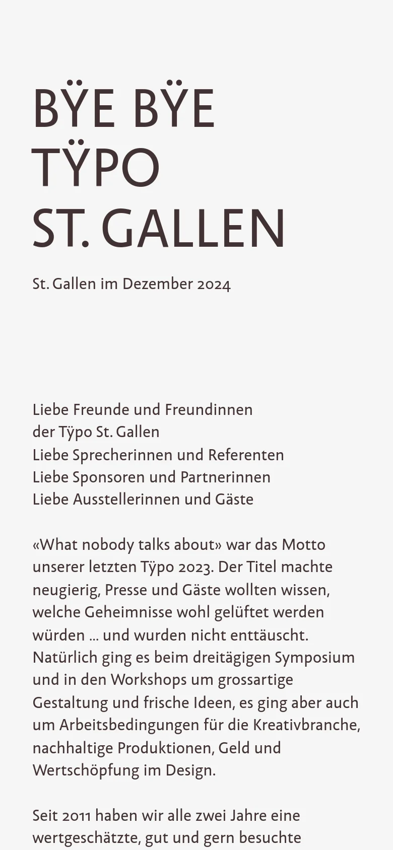 The mobile version maintains the minimalist aesthetic and light beige background but uses a single-column layout. The large headline and text are vertically stacked, making the typography the central focus of the narrow screen.