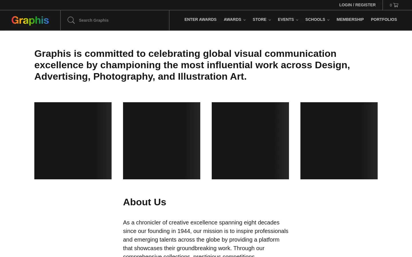 The desktop About Us page features a dark header with the Graphis logo, search bar, and navigation menu. A large headline introduces the mission, followed by a row of four dark rectangular image placeholders. Below this, the 'About Us' section contains detailed text about the organization's history and mission on a white background.